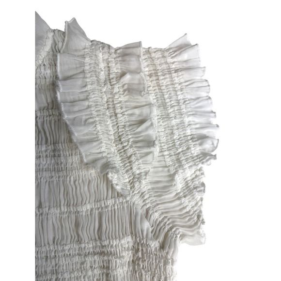 Anthropologie Sarah Hann Sheer Ruffle Shirred Top Blouse White Short Sleeve Sz L - Picture 7 of 11